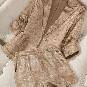 Gold Casual Women's Plain Color Blazer Jacket And Shorts Suit Set